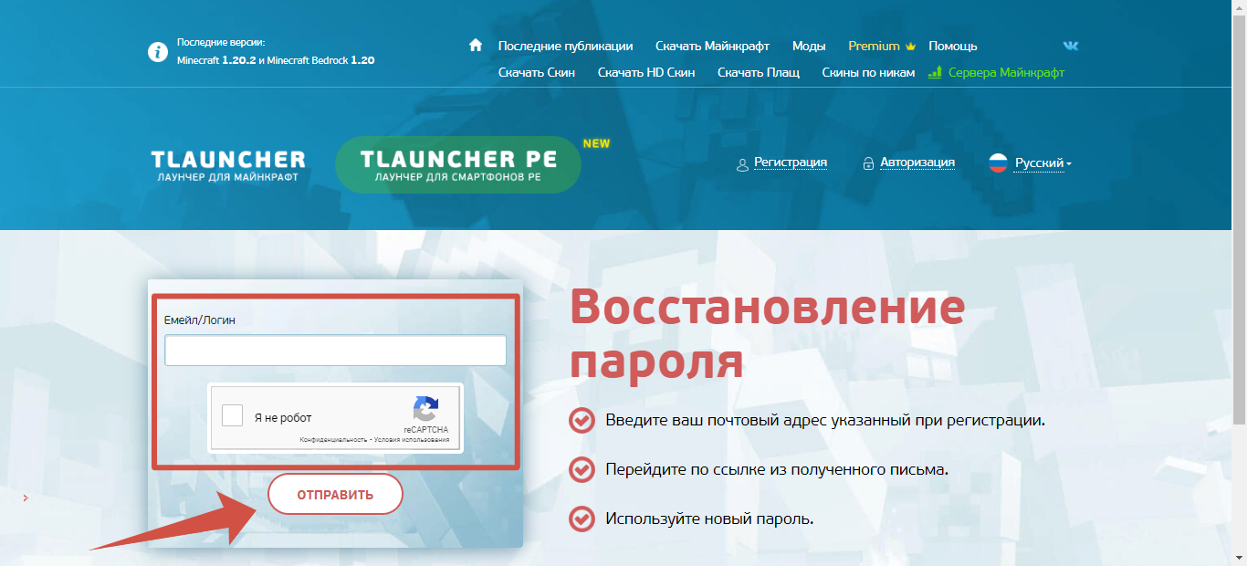 Сайт tlauncher.org восстановление пароля